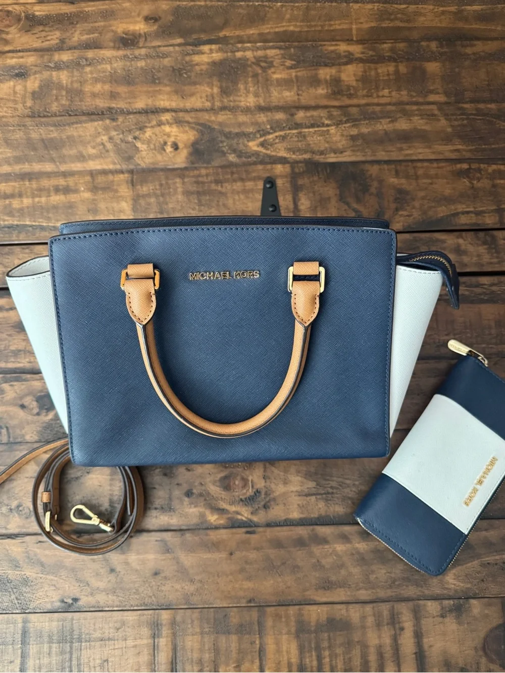 Michael Kors Selma Navy & White Color Block Satchel + Wallet Set